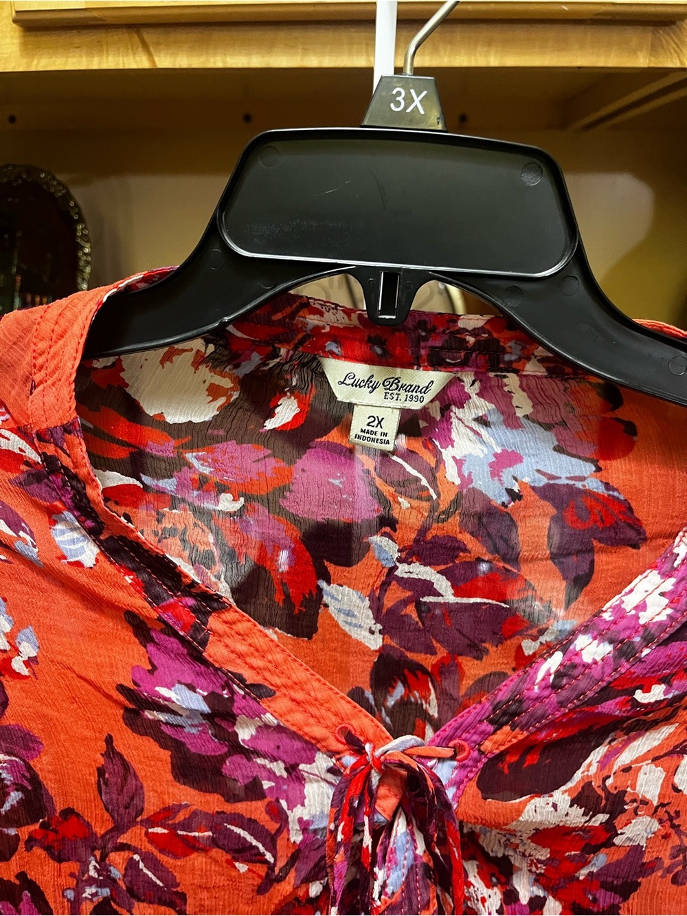 Lucky Brand Orange Red Floral Tie-Neck Blouse